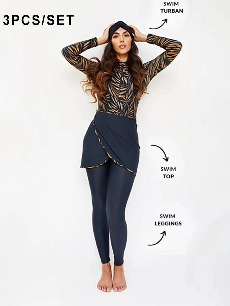 New Muslim Swimwear Women Modest Patchwork Hijab Long Sleeves Sport Swimsuit 3pcs Islamic Burkinis Wear Bathing Suit