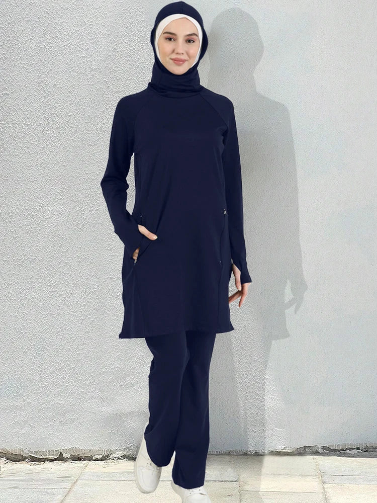 Sporty Muslim Sportswear Women Hoodie Hijab Set Plain Islamic Clothing Sportswear Pants Tops (contain Hijab)