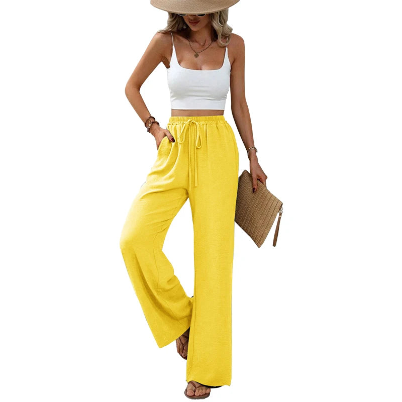Women's Plain Pocket Tie Front Elastic Waist Straight Leg Pants, Casual High Waist Wide Leg Trousers for Daily Wear, Baggy Pants