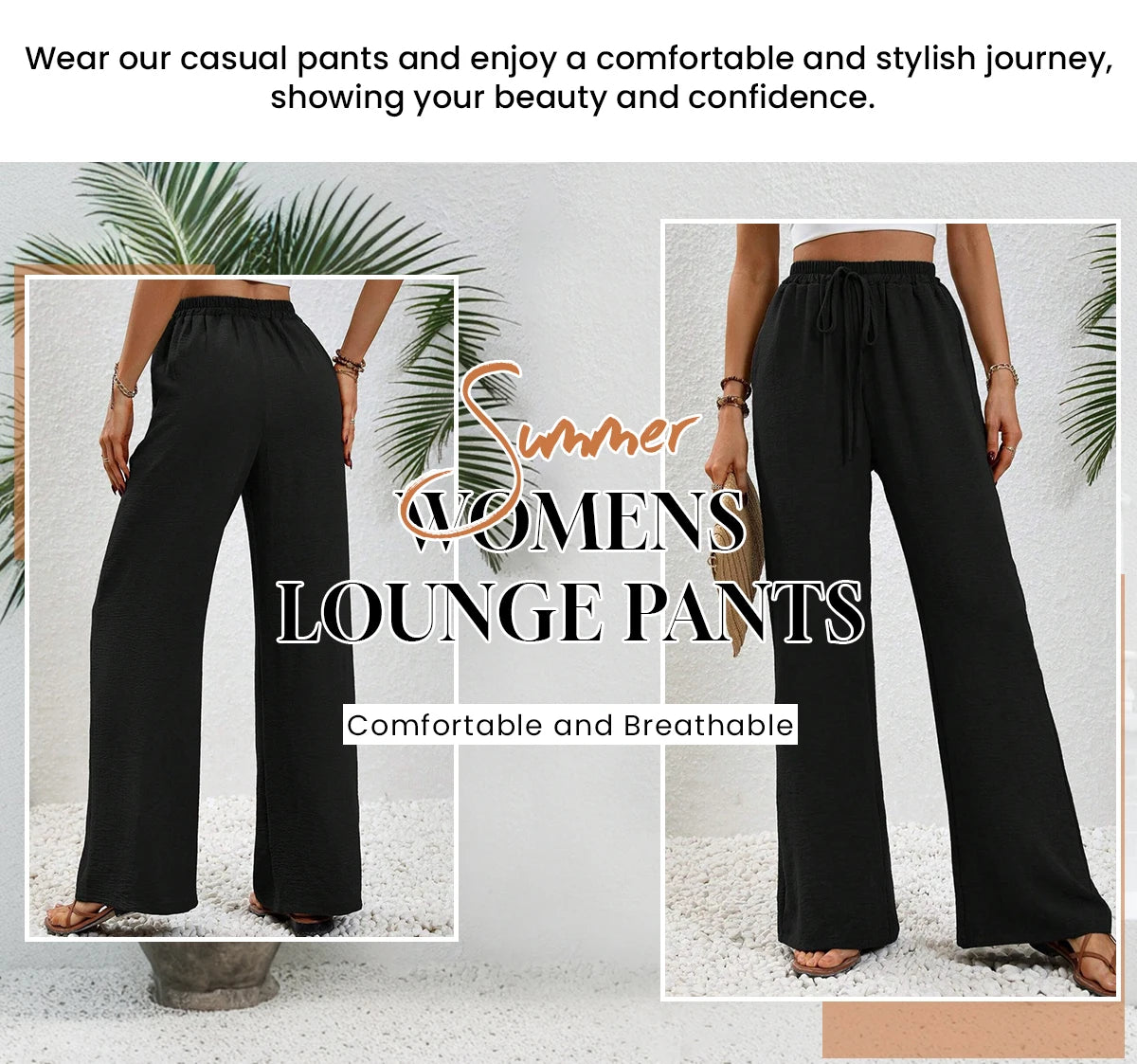 Women's Plain Pocket Tie Front Elastic Waist Straight Leg Pants, Casual High Waist Wide Leg Trousers for Daily Wear, Baggy Pants