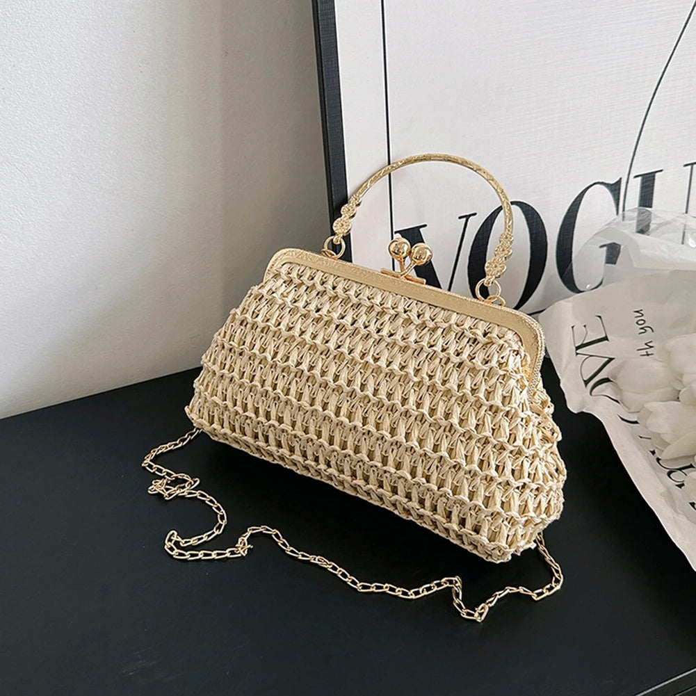 Summer Beach Straw Bags Exquisite Gold Chain Party Banquet Purse Hand Woven Handbag Female Clutch Bag Shoulder Crossbody Bags