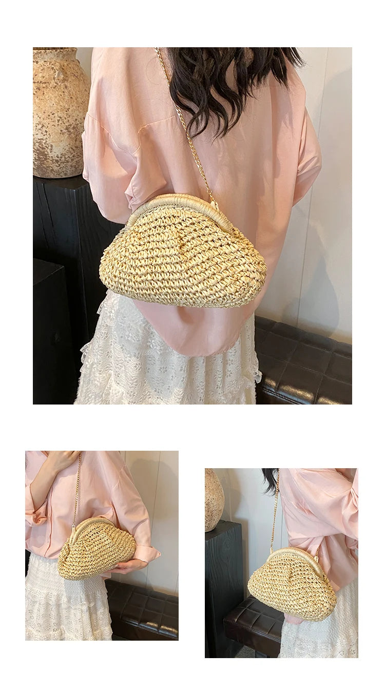 2024 Summer New Straw Weaving Crossbody Bag Fashionable and Casual Shell Bag Women's Shoulder Bag with Excellent Texture