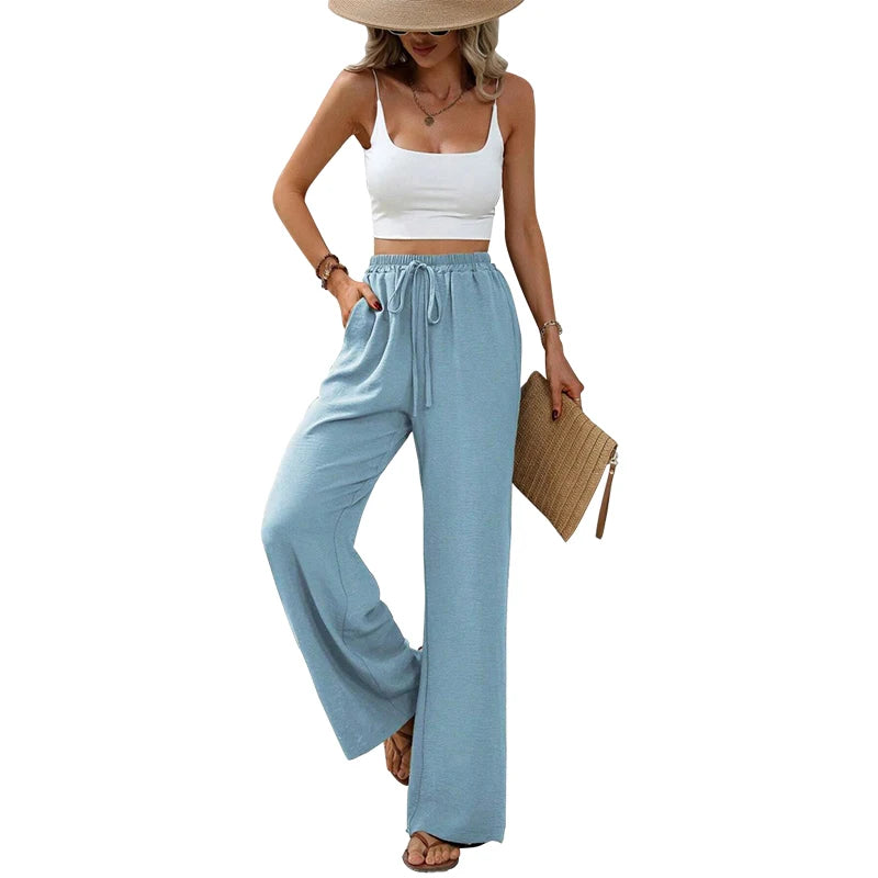 Women's Plain Pocket Tie Front Elastic Waist Straight Leg Pants, Casual High Waist Wide Leg Trousers for Daily Wear, Baggy Pants