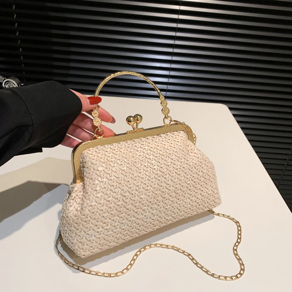 Summer Beach Straw Bags Exquisite Gold Chain Party Banquet Purse Hand Woven Handbag Female Clutch Bag Shoulder Crossbody Bags