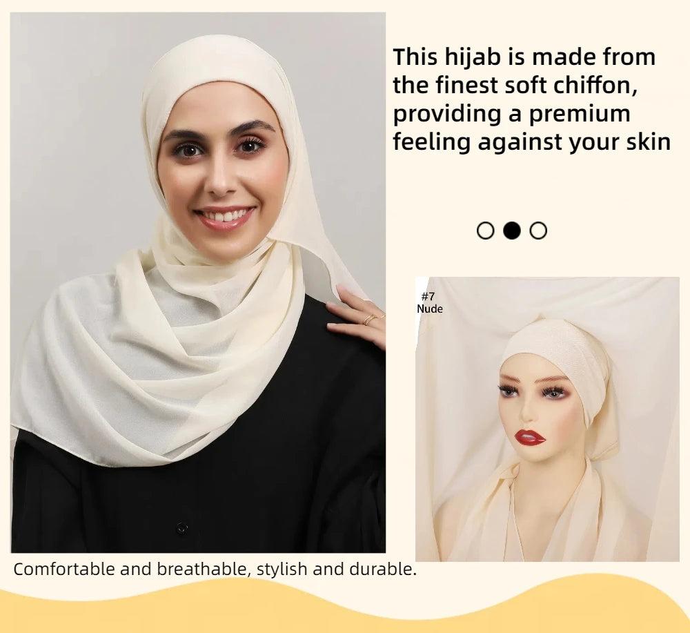 2024 New Hot Sale Premium Instant Chiffon Hijab Wrap With Bulit-in Magnets Solid Color Muslim Women Scarf Shawl with Undercap