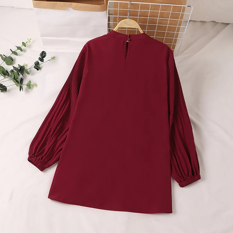 Muslim Islamic Pleated Long Blouses Women Autumn Long Sleeve O Neck Casual Blusas Mujer Fashion Solid Color Tunic Tops