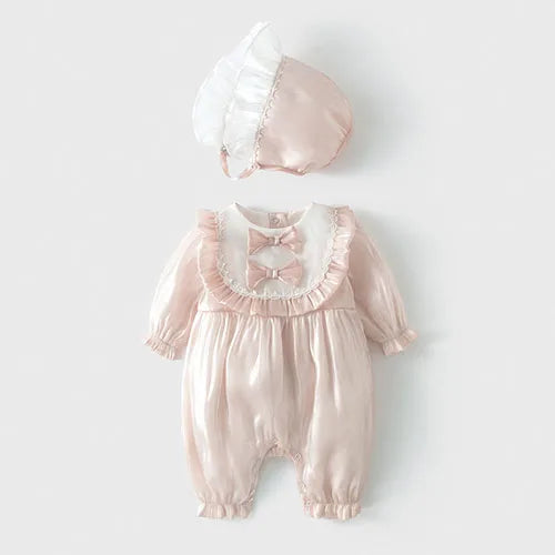 Baby Girl Clothing Autumn Spring Lovely Princess Style Lace Panel Toddler Baby Girl Romper+Hat Infant Baby Girls Jumpsuit