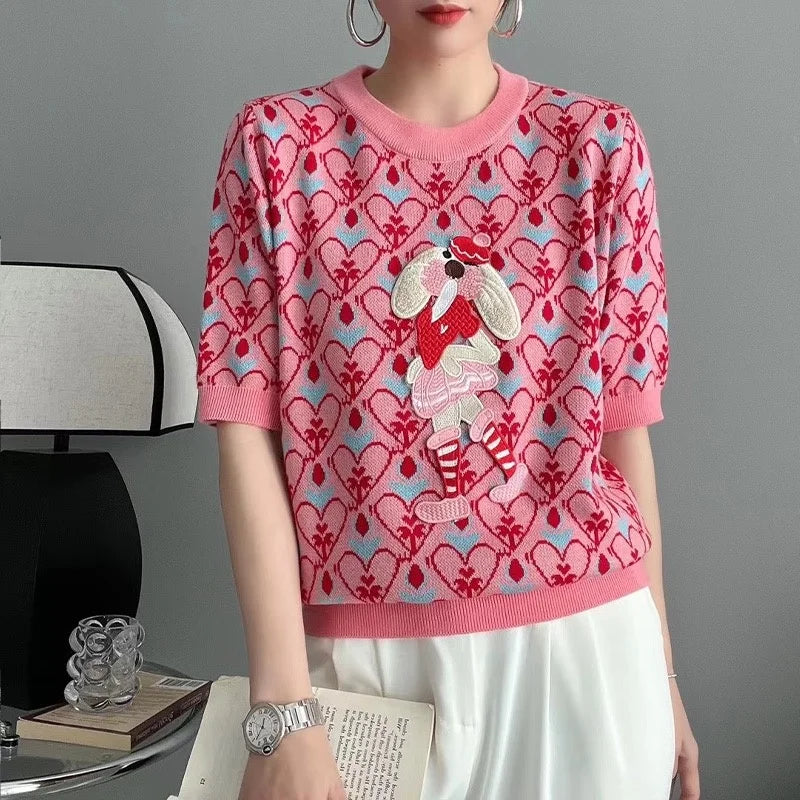 New Summer Women Knitted Sweater European Style Cartoon Pattern Fashion Jacquard Round Neck Short Sleeve Casual Jumpers Knitwear