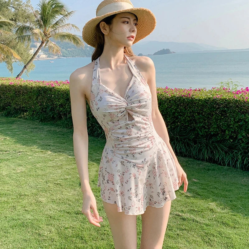 Women Hanging Neck Sweet Cute Swimwear Sexy One-piece Beach Wear Swim Suit Beach Dress Swimsuit High Waist Bathing Suit For Girls