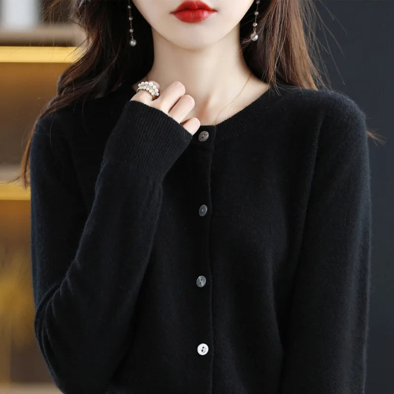 Women's Sweater 2024 New Knitted Cardigan Early Spring Crewneck Sweater Women's Long-sleeved Solid Color All-match Jacket