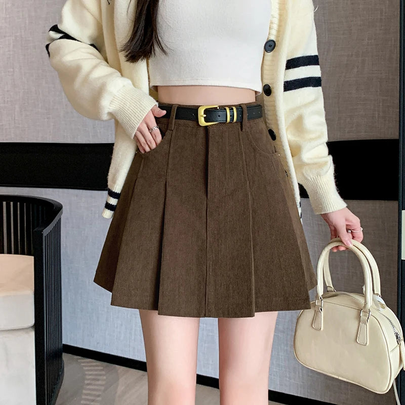 2024 Autumn and Winter Mini Pleated Skirt Women Fashion Streetwear A-line Skater Kawaii Skirts With Belt Korean School Girl Saia