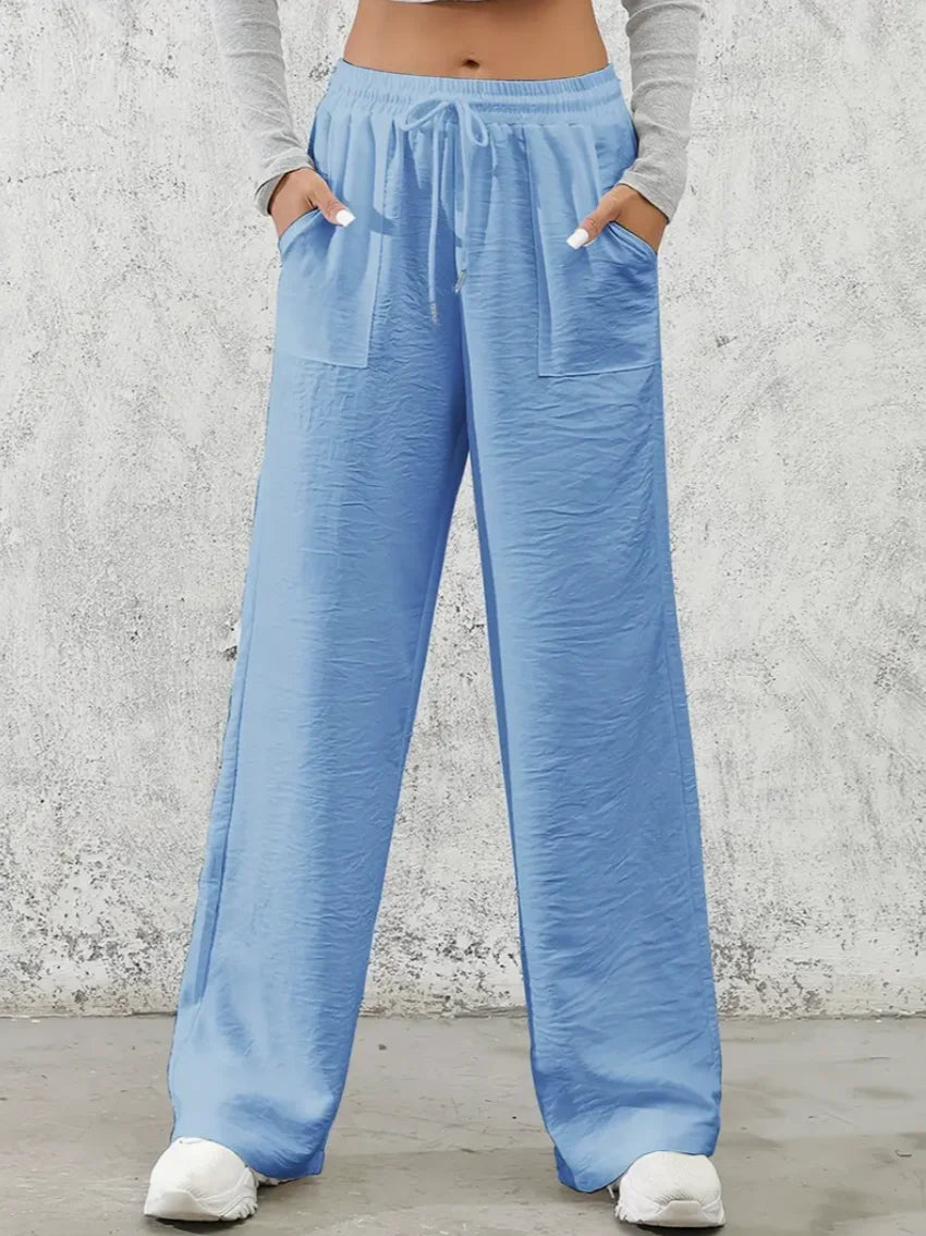 Solid Drawstring Wide Leg Pants, Casual Elastic Waist Slant Pocket Pants For Spring & Summer, Women's Clothing