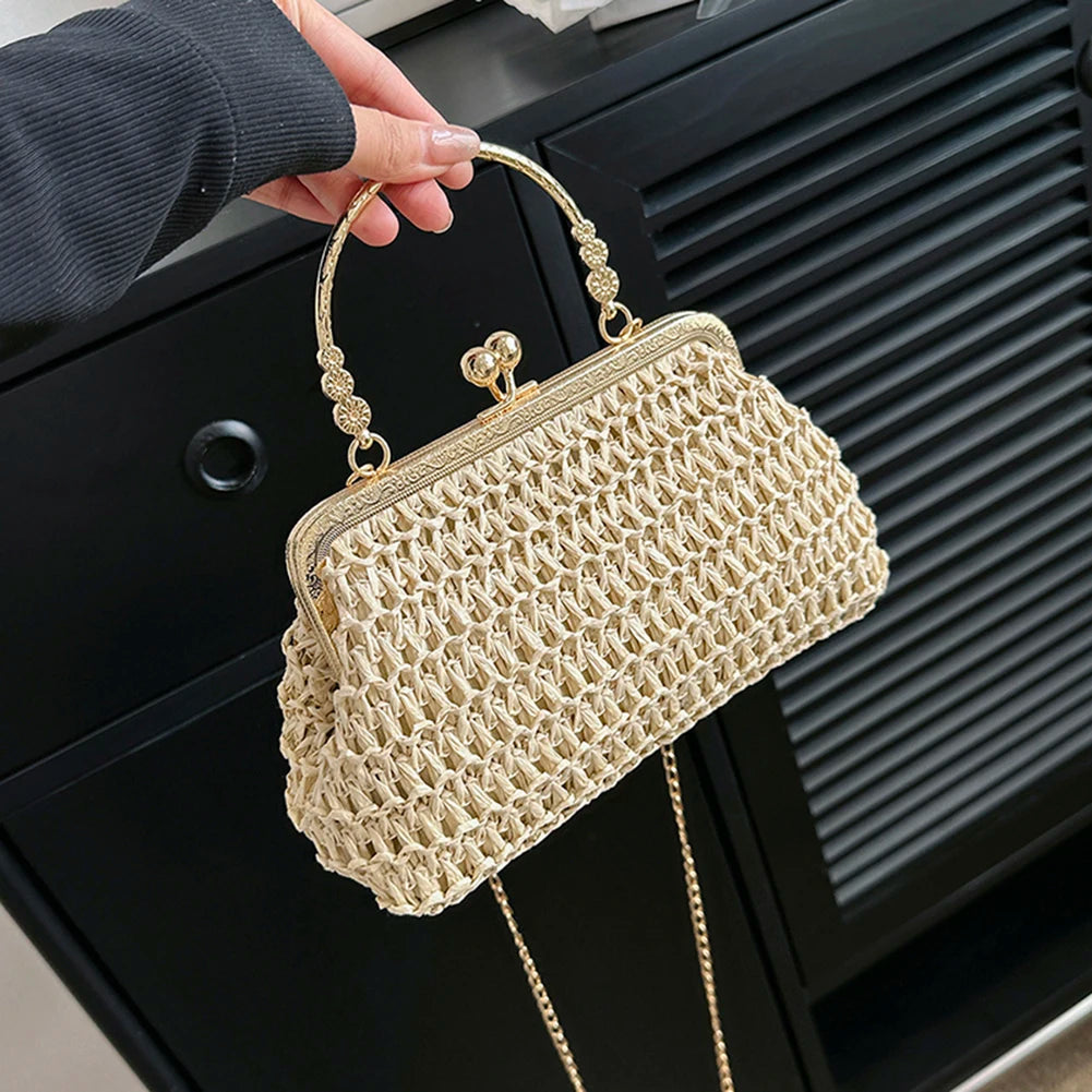 Summer Beach Straw Bags Exquisite Gold Chain Party Banquet Purse Hand Woven Handbag Female Clutch Bag Shoulder Crossbody Bags