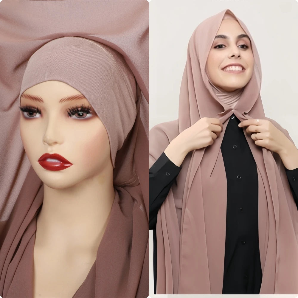 2024 New Hot Sale Premium Instant Chiffon Hijab Wrap With Bulit-in Magnets Solid Color Muslim Women Scarf Shawl with Undercap