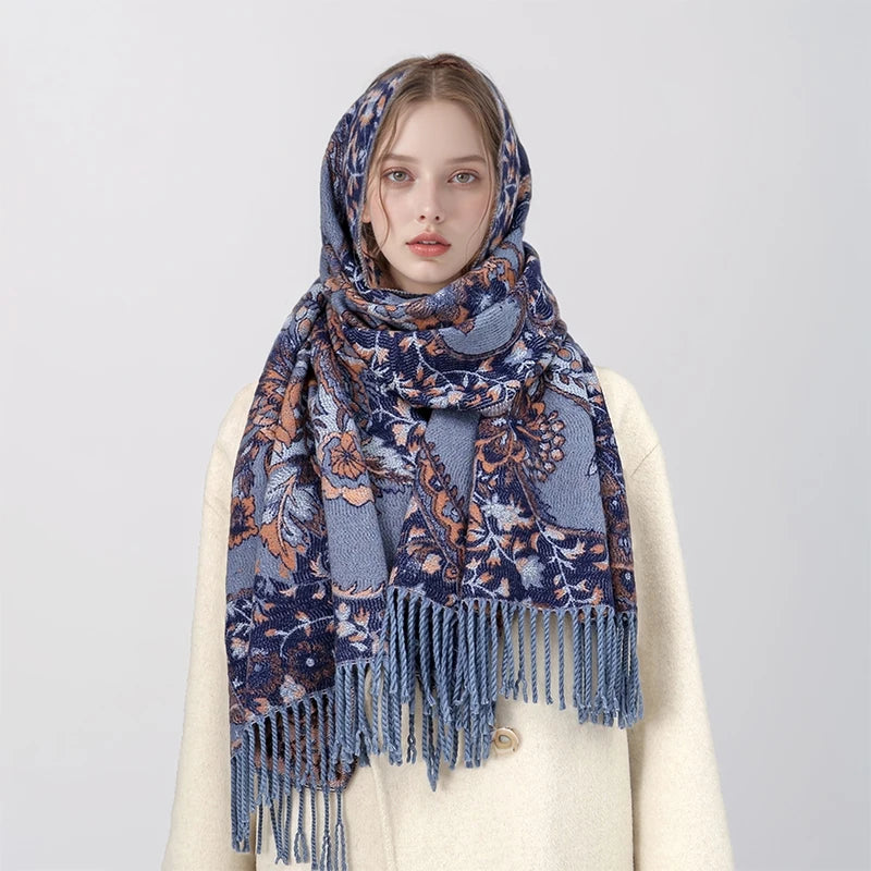 Winter Female Scarf Cashmere Shawls Wraps Women Floral Long Hijab Stoles Pashmina Bufanda Tassel Autumn Lady Headband 2022