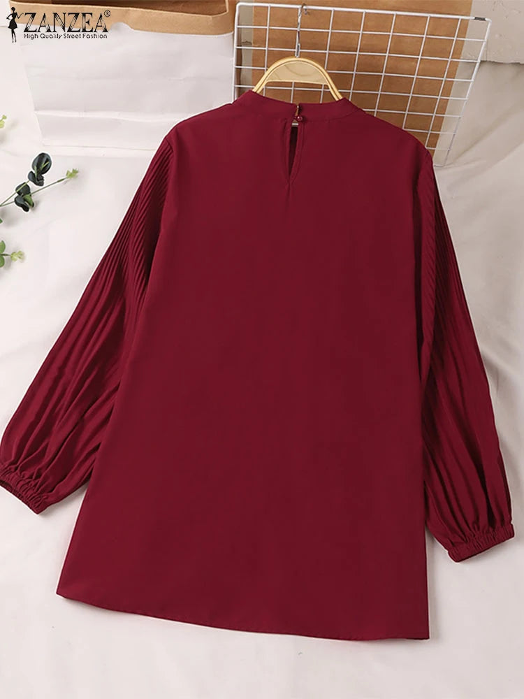 Muslim Islamic Pleated Long Blouses Women Autumn Long Sleeve O Neck Casual Blusas Mujer Fashion Solid Color Tunic Tops