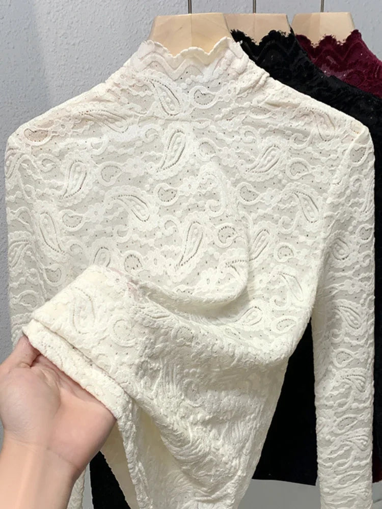 Stand Collar Lace Long Sleeved T-shirt Base Shirt for Women's Autumn and Winter Style French Romantic Mesh Top Elastic Plus Size