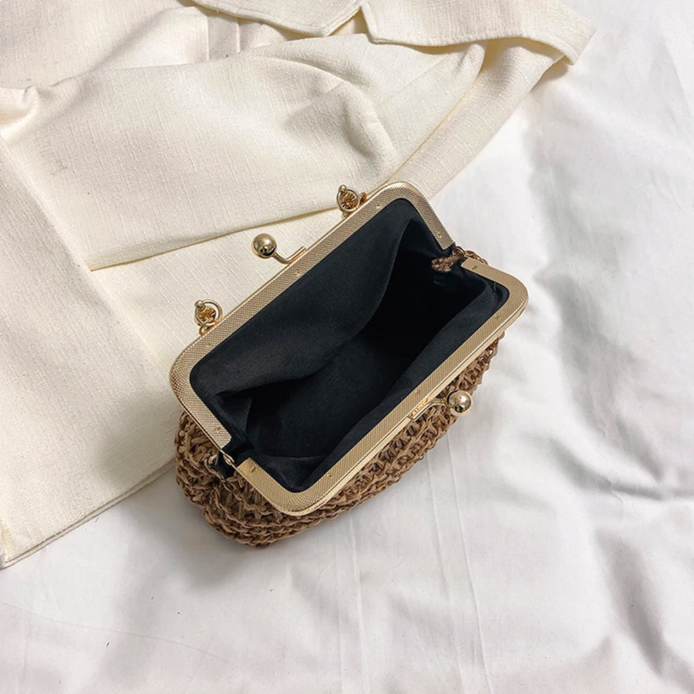 Summer Beach Straw Bags Exquisite Gold Chain Party Banquet Purse Hand Woven Handbag Female Clutch Bag Shoulder Crossbody Bags