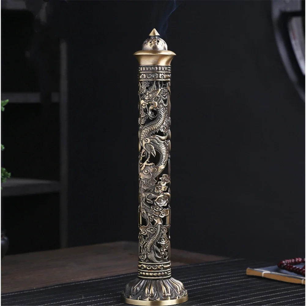 Retro Vertical Incense Burner Buddha Heart Sutra Dragon Phoenix Pillar Metal Incense Stick Home Office Ceremony Decoration