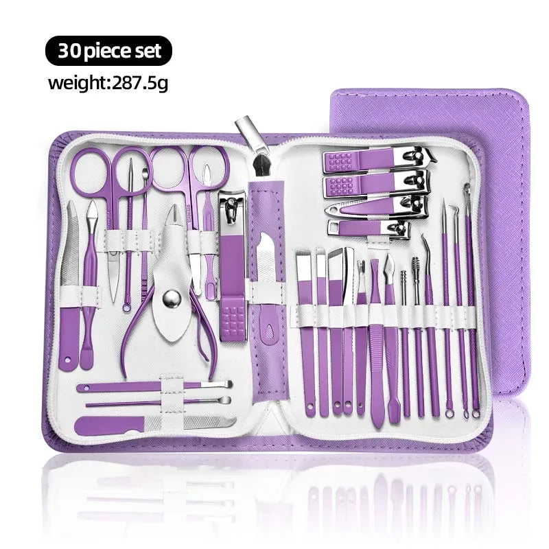 9/18/24/30 PCS Stainless Steel Manicure Set in Dazzling Purple & Blue - Modern Style Nail Clippers with Convex Blade, Non-Scente