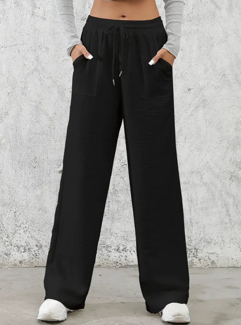 Solid Drawstring Wide Leg Pants, Casual Elastic Waist Slant Pocket Pants For Spring & Summer, Women's Clothing