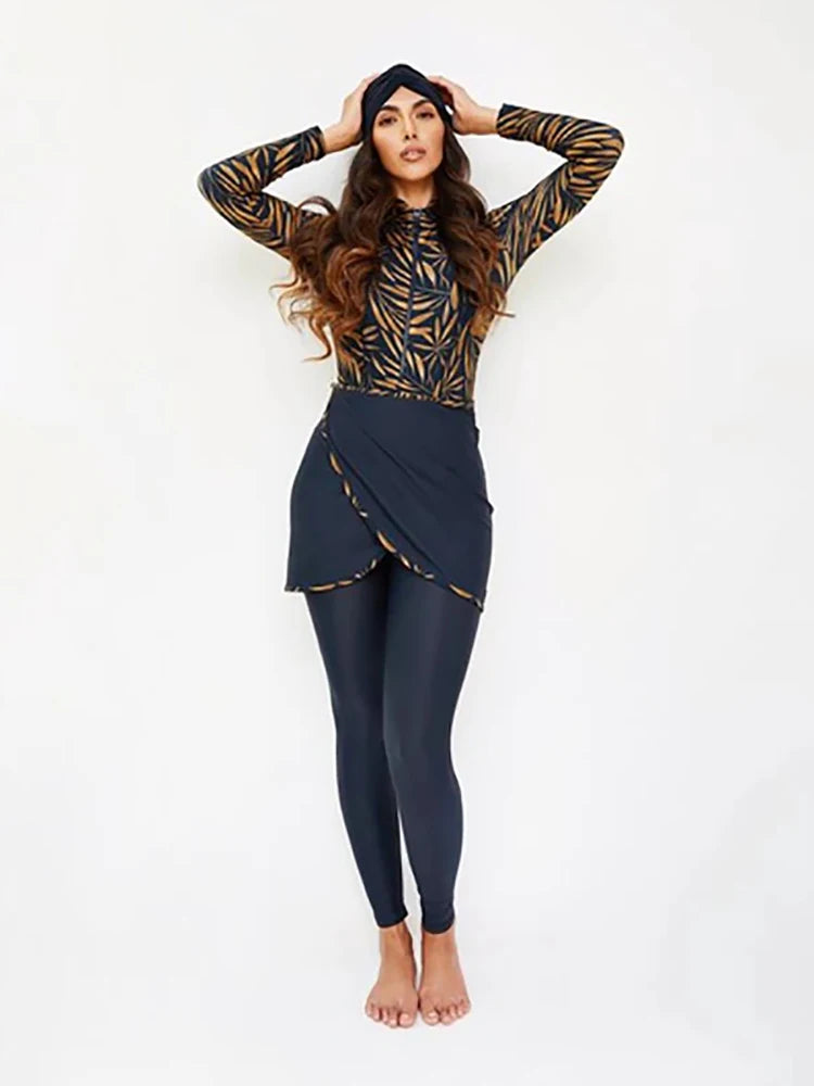 New Muslim Swimwear Women Modest Patchwork Hijab Long Sleeves Sport Swimsuit 3pcs Islamic Burkinis Wear Bathing Suit
