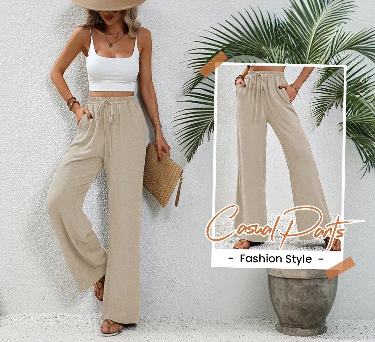 Women's Plain Pocket Tie Front Elastic Waist Straight Leg Pants, Casual High Waist Wide Leg Trousers for Daily Wear, Baggy Pants