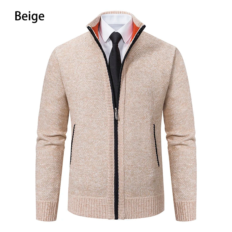 Autumn And Winter New Jersey Men's Casual Sports Coat Solid Color Stand Collar weater Grab Fleece Warm Zipper Cardigan