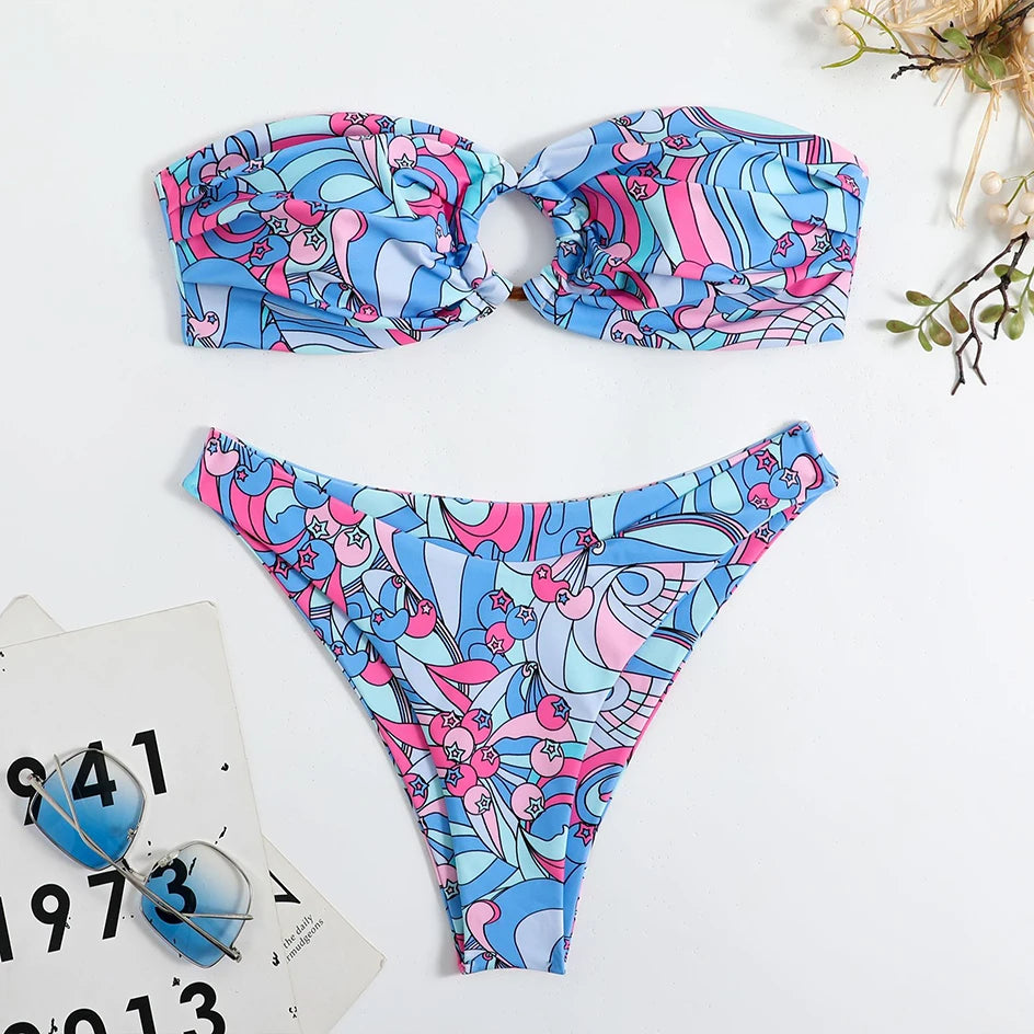 Sexy Floral Bikinis Bandeau Swimsuit for Woman 2025 Female Swimwear Women Thong Bikini Set Summer Swim Beach Wear Bathing Suits