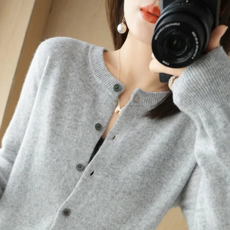 Women's Sweater 2024 New Knitted Cardigan Early Spring Crewneck Sweater Women's Long-sleeved Solid Color All-match Jacket
