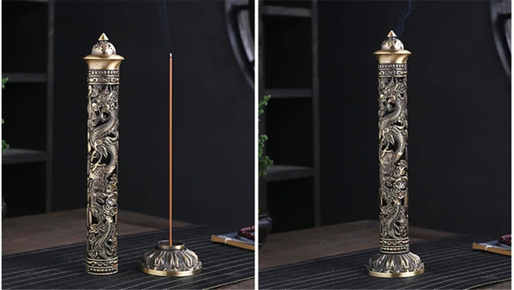 Retro Vertical Incense Burner Buddha Heart Sutra Dragon Phoenix Pillar Metal Incense Stick Home Office Ceremony Decoration