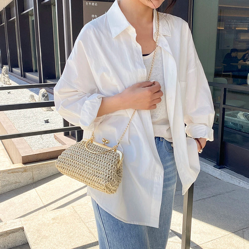 Summer Beach Straw Bags Exquisite Gold Chain Party Banquet Purse Hand Woven Handbag Female Clutch Bag Shoulder Crossbody Bags