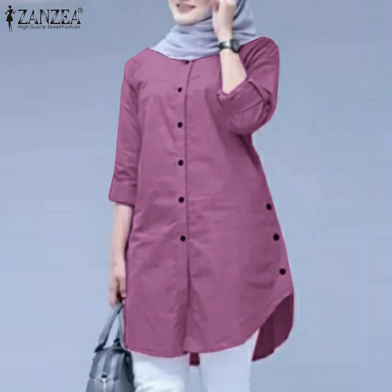 Fashion Abaya Muslim Blouse Woman Casual Holiday Baggy Shirt Long Sleeve O-Neck Tops Elegant Solid Islamic Clothing 2024