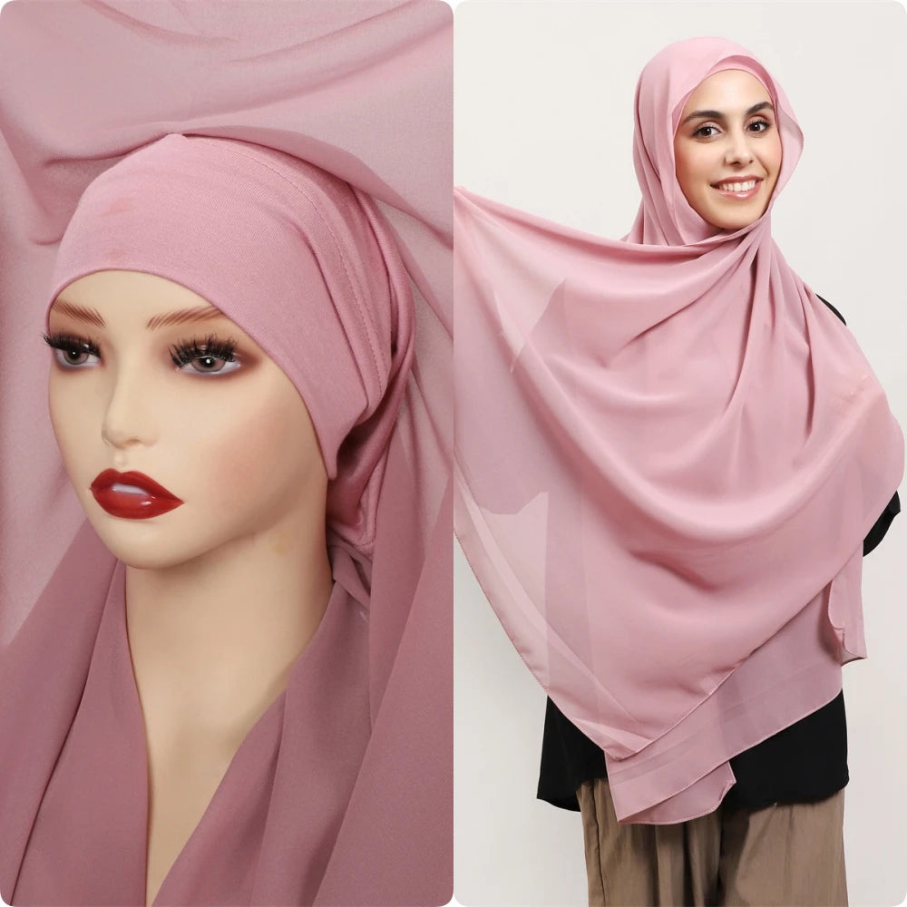 2024 New Hot Sale Premium Instant Chiffon Hijab Wrap With Bulit-in Magnets Solid Color Muslim Women Scarf Shawl with Undercap