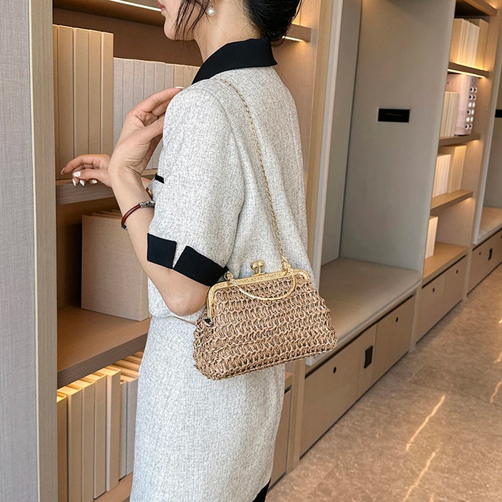 Summer Beach Straw Bags Exquisite Gold Chain Party Banquet Purse Hand Woven Handbag Female Clutch Bag Shoulder Crossbody Bags