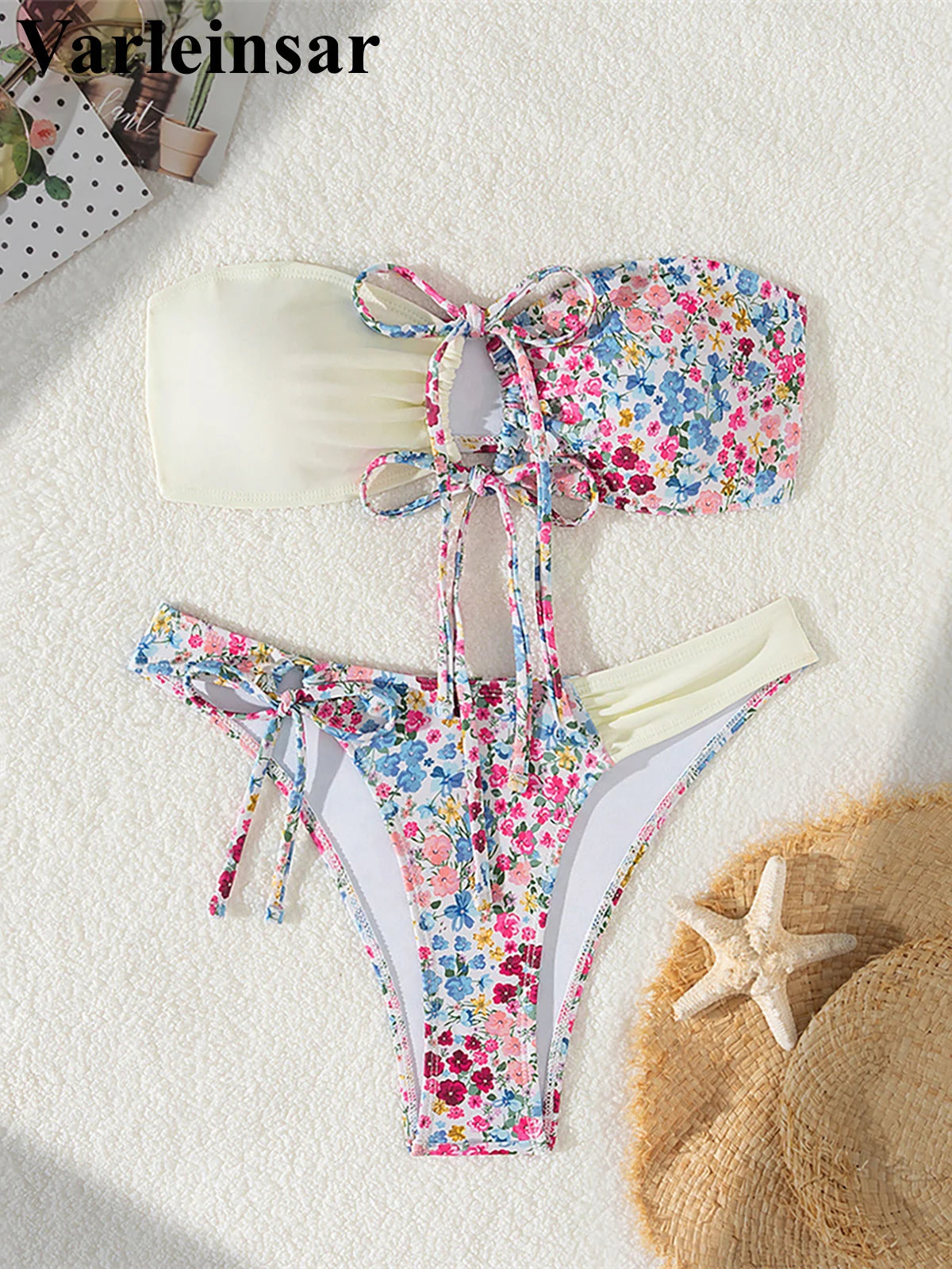 Sexy Flowers Printed Bandeau Splicing Bikini Women Swimwear Female Swimsuit Two-pieces Bikini set Bather Bathing Suit Swim V6029