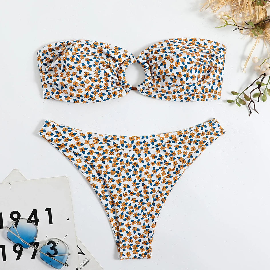 Sexy Floral Bikinis Bandeau Swimsuit for Woman 2025 Female Swimwear Women Thong Bikini Set Summer Swim Beach Wear Bathing Suits