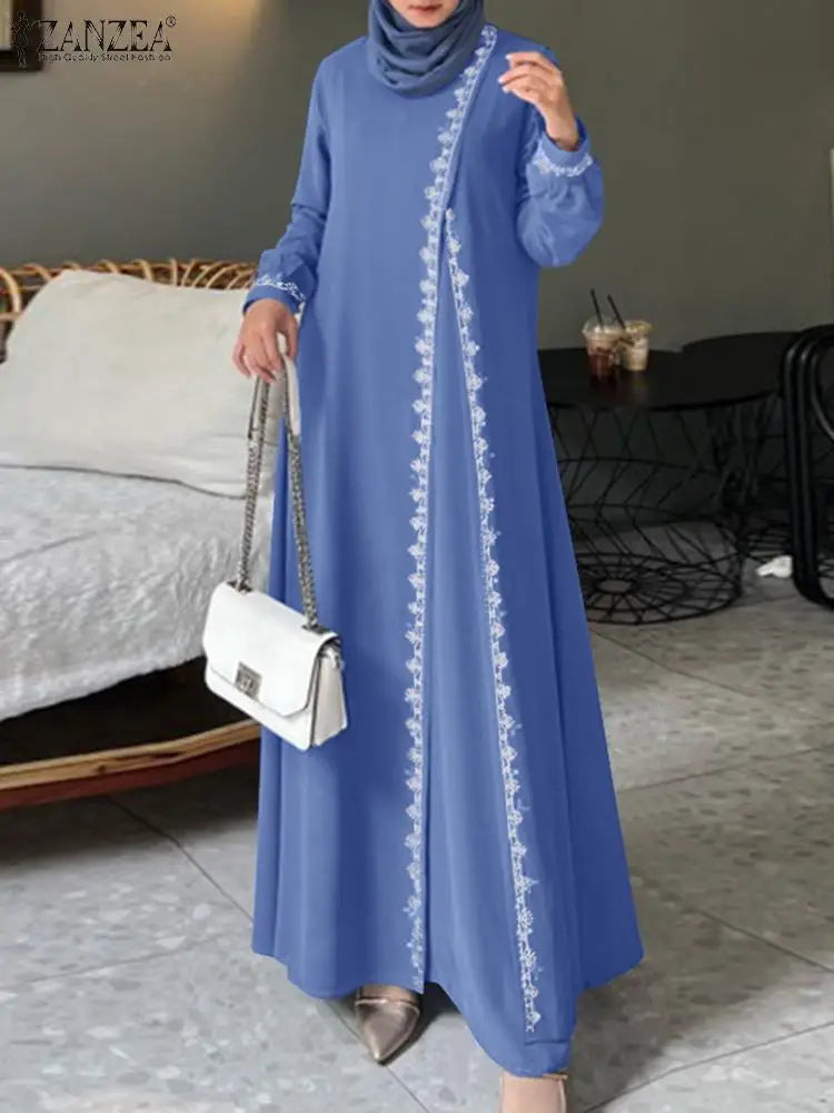 Spring Lace Crochet Maxi Dress Muslim Turkey Abaya Elegant Loose Vestidos Women Long Sleeve O Neck IsIamic Robe Kaftan