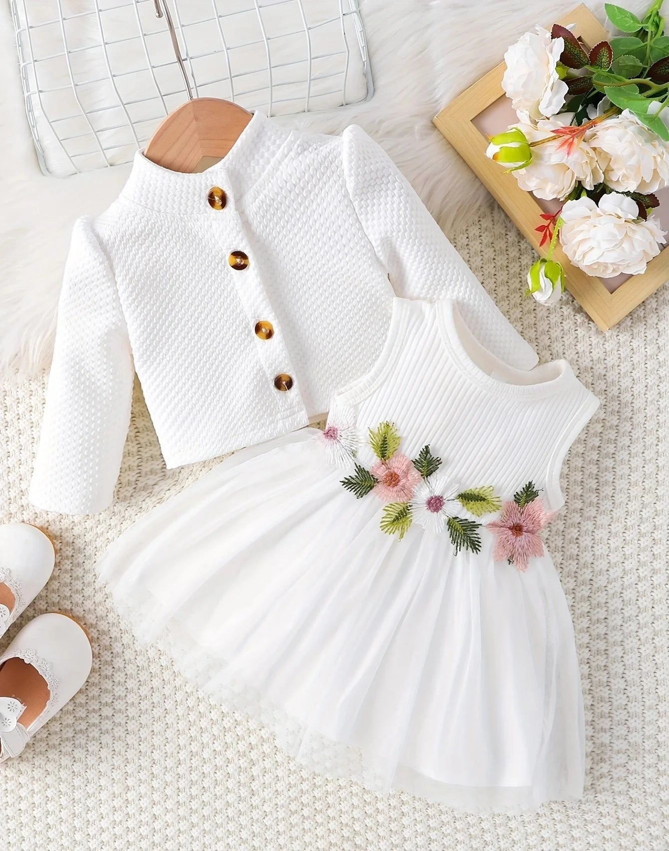 1-2 year old infant and female baby spring and autumn style waist flower design vest spliced mesh dress+long sleeved jacket