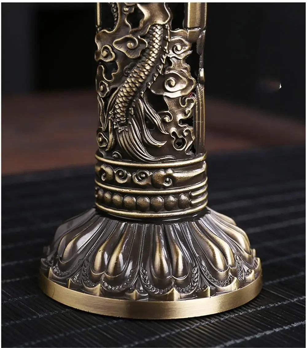 Retro Vertical Incense Burner Buddha Heart Sutra Dragon Phoenix Pillar Metal Incense Stick Home Office Ceremony Decoration