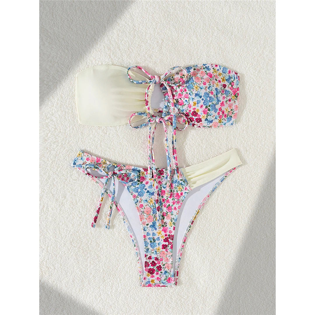 Sexy Flowers Printed Bandeau Splicing Bikini Women Swimwear Female Swimsuit Two-pieces Bikini set Bather Bathing Suit Swim V6029