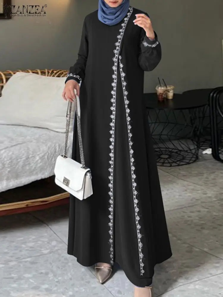 Spring Lace Crochet Maxi Dress Muslim Turkey Abaya Elegant Loose Vestidos Women Long Sleeve O Neck IsIamic Robe Kaftan