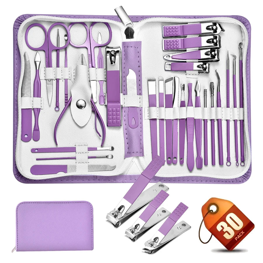 9/18/24/30 PCS Stainless Steel Manicure Set in Dazzling Purple & Blue - Modern Style Nail Clippers with Convex Blade, Non-Scente