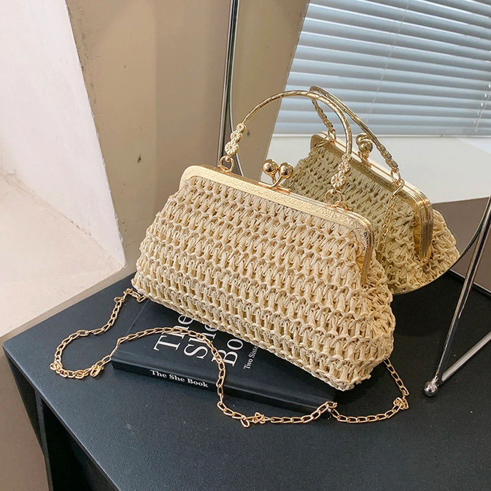 Summer Beach Straw Bags Exquisite Gold Chain Party Banquet Purse Hand Woven Handbag Female Clutch Bag Shoulder Crossbody Bags