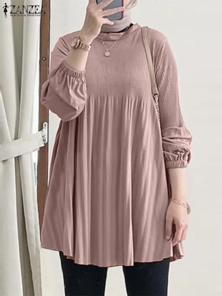 Muslim Islamic Pleated Long Blouses Women Autumn Long Sleeve O Neck Casual Blusas Mujer Fashion Solid Color Tunic Tops