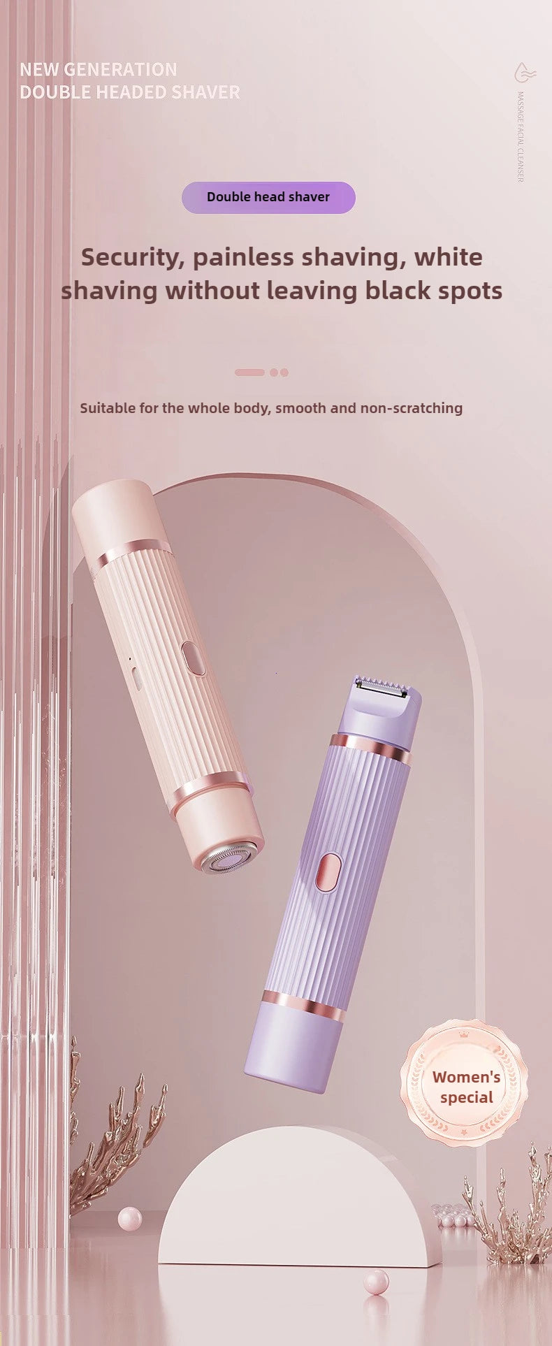 Electric Shaver for Women Waterproof Wet & Dry Hair Razors 2 in 1 Double Head Dual Bikini Hair Trimmer Detachable Head Shaver