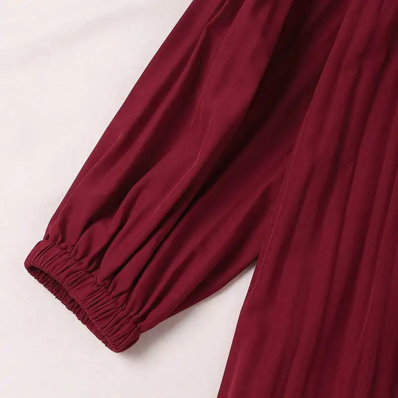 Muslim Islamic Pleated Long Blouses Women Autumn Long Sleeve O Neck Casual Blusas Mujer Fashion Solid Color Tunic Tops