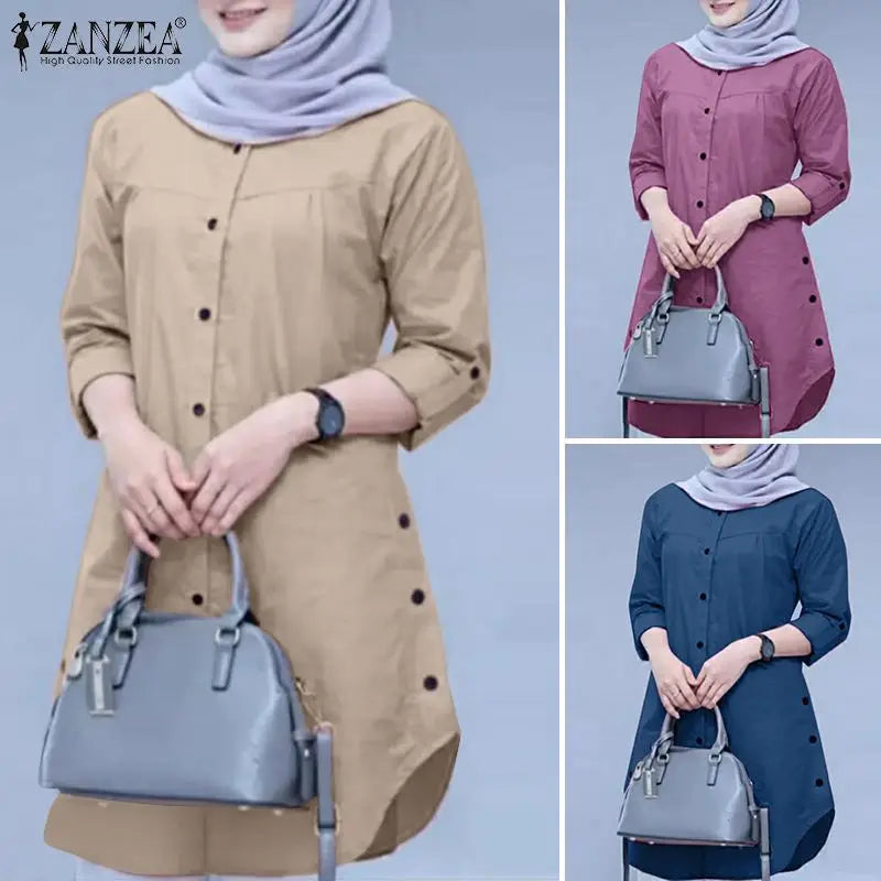 Fashion Abaya Muslim Blouse Woman Casual Holiday Baggy Shirt Long Sleeve O-Neck Tops Elegant Solid Islamic Clothing 2024