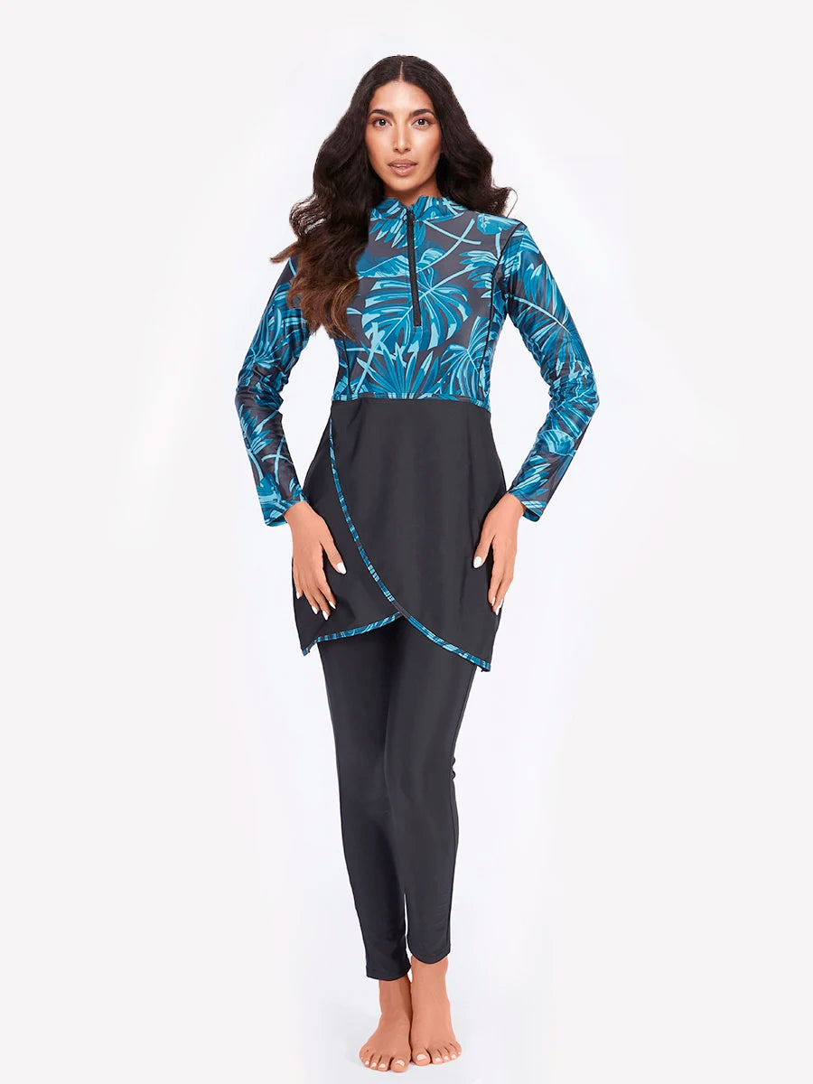 New Muslim Swimwear Women Modest Patchwork Hijab Long Sleeves Sport Swimsuit 3pcs Islamic Burkinis Wear Bathing Suit