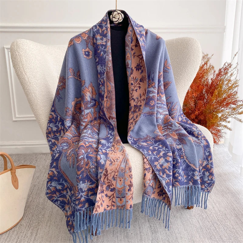 Winter Female Scarf Cashmere Shawls Wraps Women Floral Long Hijab Stoles Pashmina Bufanda Tassel Autumn Lady Headband 2022